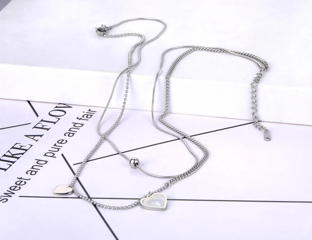 Lokaer Double Layer Trendy Shell Heart Pendant Necklaces For Women Girls Stainless Steel CZ Crystal Chain Choker Necklace N21257