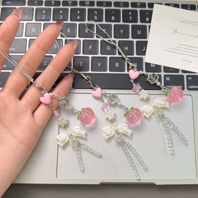 1/2Pcs Y2K Peach Flower Beads Pendant Phone Strap Lanyard Pocket Keychain Strap Backpack Charm Car Key Decoration Chain Keyring