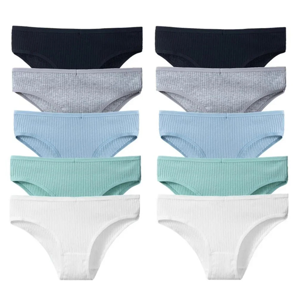 10Pcs/Set Solid Ribbed Seamless Sexy Panties Pure Cotton Breathable Underwear Low Waist Hip-covered Briefs Lingerie Wholesale