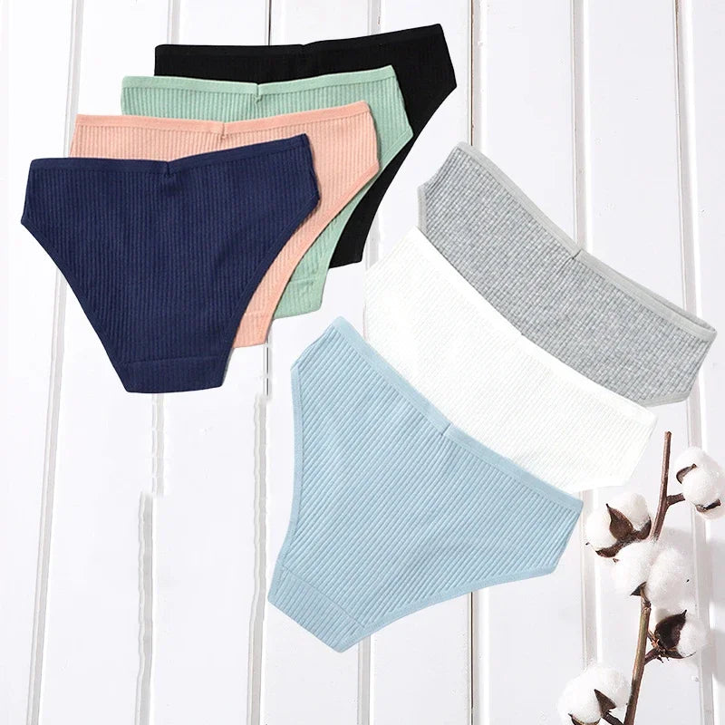 10Pcs/Set Solid Ribbed Seamless Sexy Panties Pure Cotton Breathable Underwear Low Waist Hip-covered Briefs Lingerie Wholesale