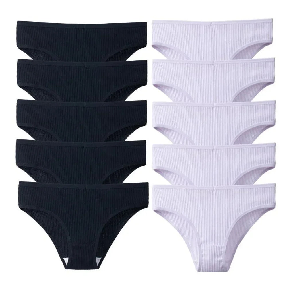 10Pcs/Set Solid Ribbed Seamless Sexy Panties Pure Cotton Breathable Underwear Low Waist Hip-covered Briefs Lingerie Wholesale