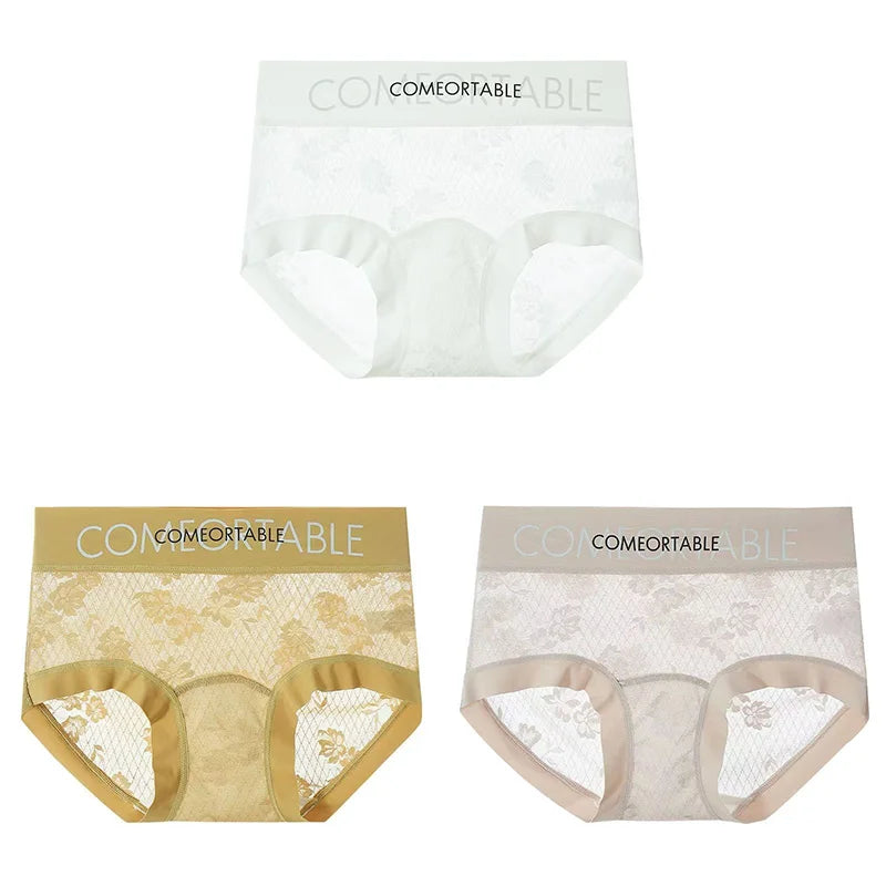 3PCS Women Sexy Lace Panties Mulberry Silk Antibacterial Hollow Out Underwear Plus Size Floral Perspective Briefs