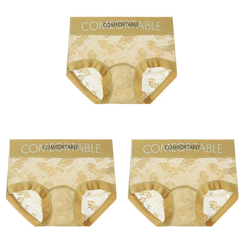3PCS Women Sexy Lace Panties Mulberry Silk Antibacterial Hollow Out Underwear Plus Size Floral Perspective Briefs