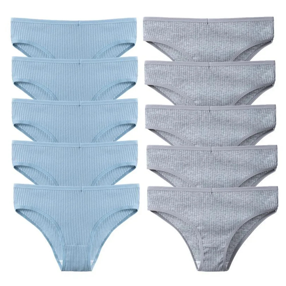 10Pcs/Set Solid Ribbed Seamless Sexy Panties Pure Cotton Breathable Underwear Low Waist Hip-covered Briefs Lingerie Wholesale
