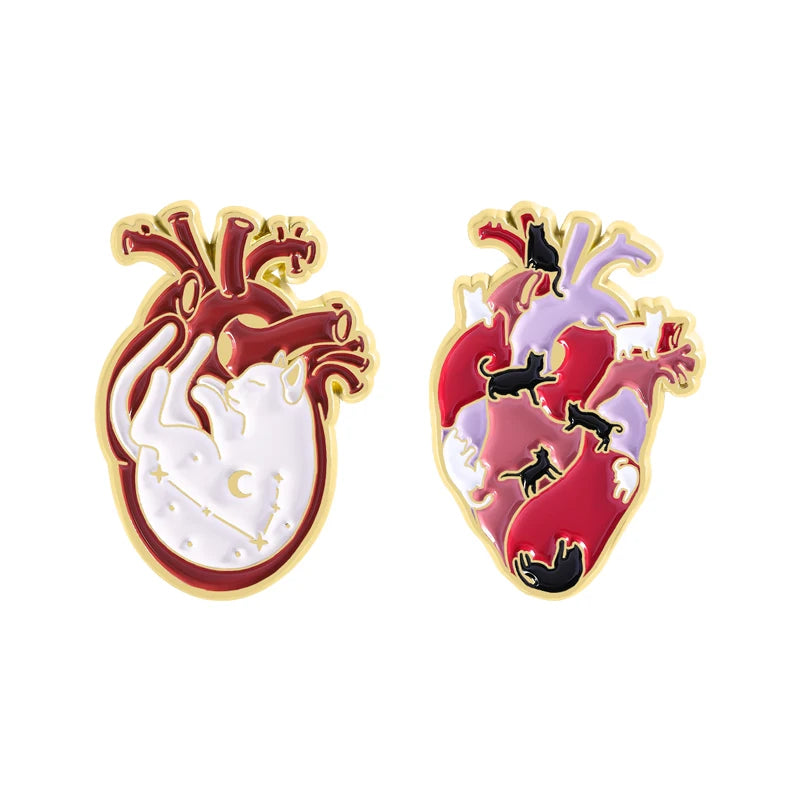 Cartoon Cat Heart Organs Enamel Pins Funny Cute Cat Human Organs Metal Brooches Backpack Lapel Badge Jewelry Gifts for Friends