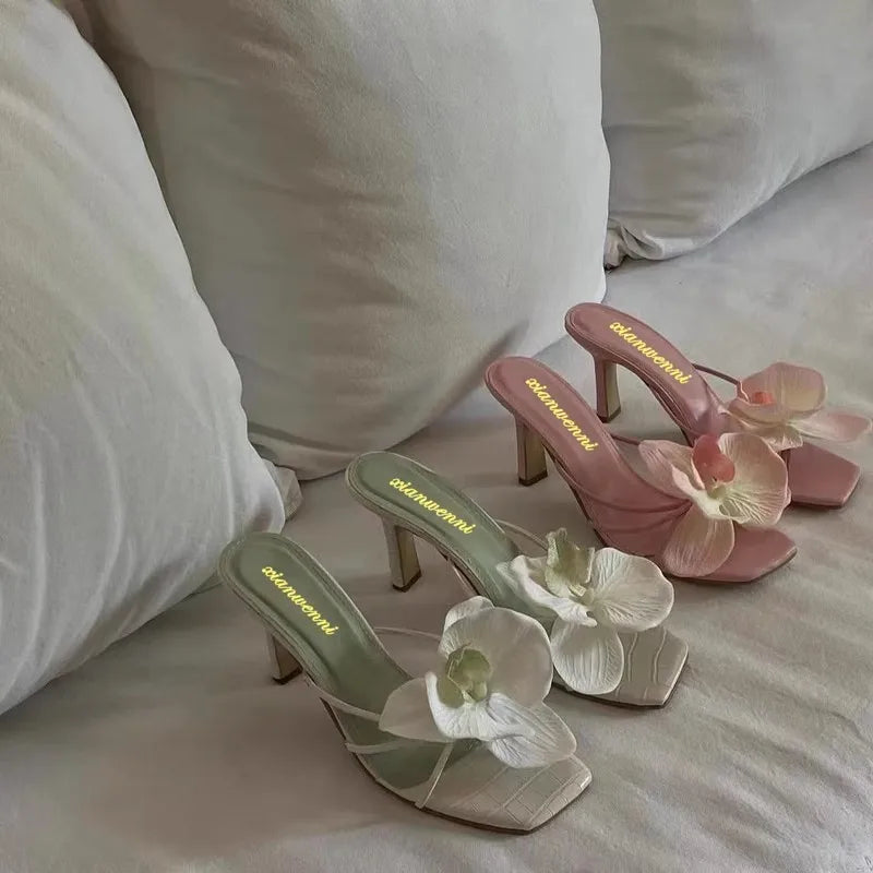 Brand Shoes Female Summer New Style Elegant Flowers Design Women's Slippers Casual Fashionable Outer Wear High Heel Slides Women