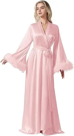 Long Feather Sleeve Bathrobe Sexy Ice Silk Kimono Wedding Bride Dress Women Loose Sleepwear Loungewear Casual Nightgown