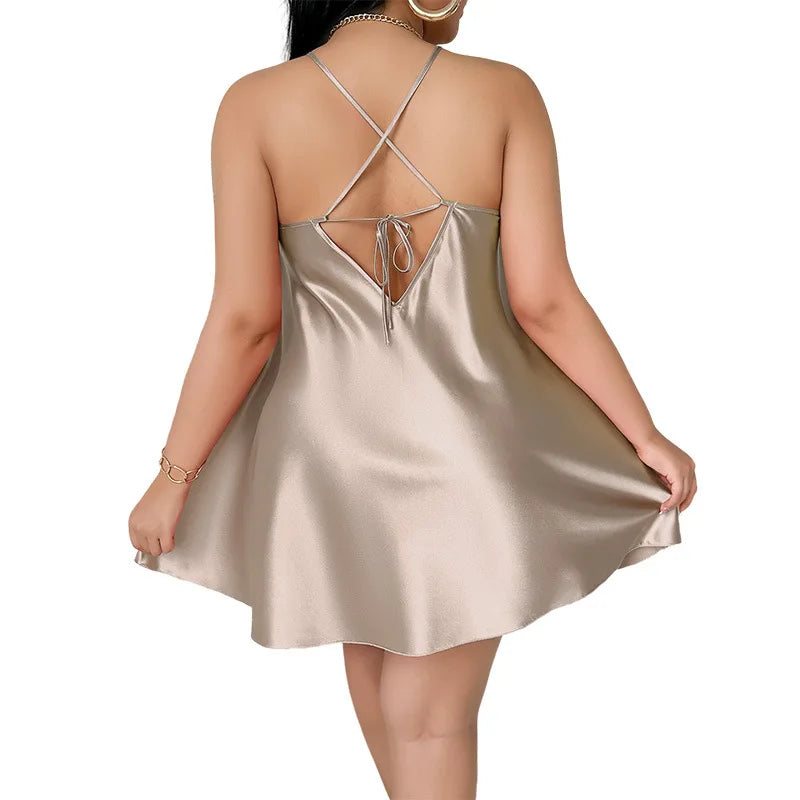 Plus Size Solid Silk Satin Women Nightgown Cross Back Pajama Dress V Neck Female Sleepwear Sleeveless Summer Nightwear Homwear