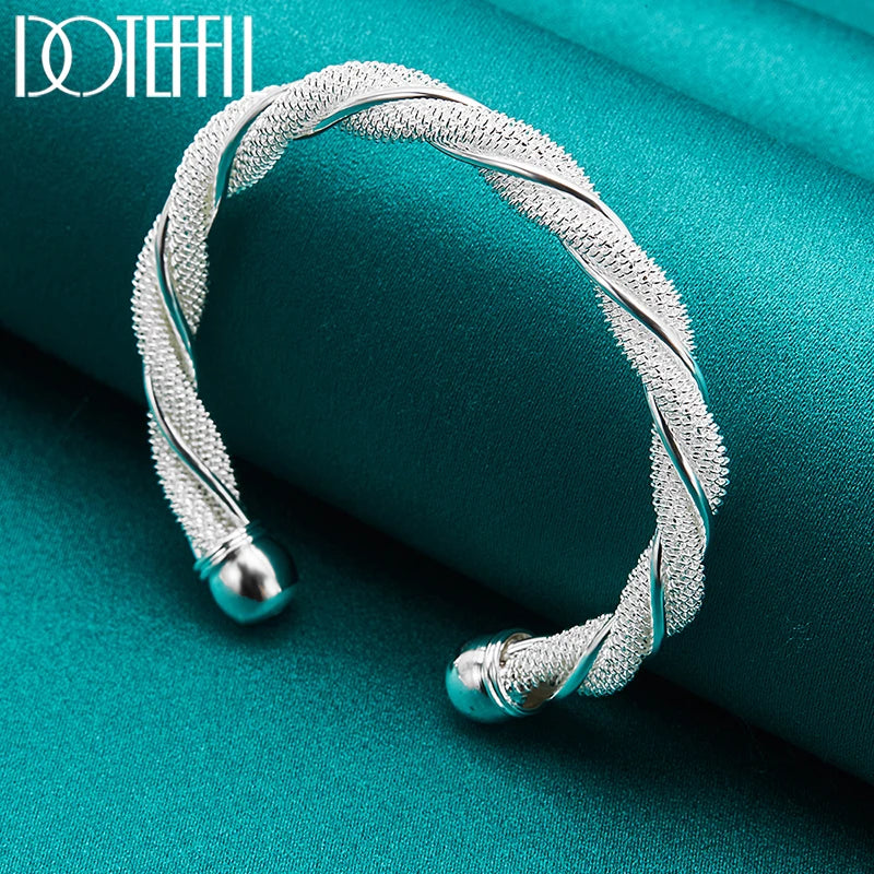 DOTEFFIL 925 Silver Sterling Mesh Wide Braided Bangle Wristband Bracelet For Women Man Jewelry Bijoux Punk Jewelry