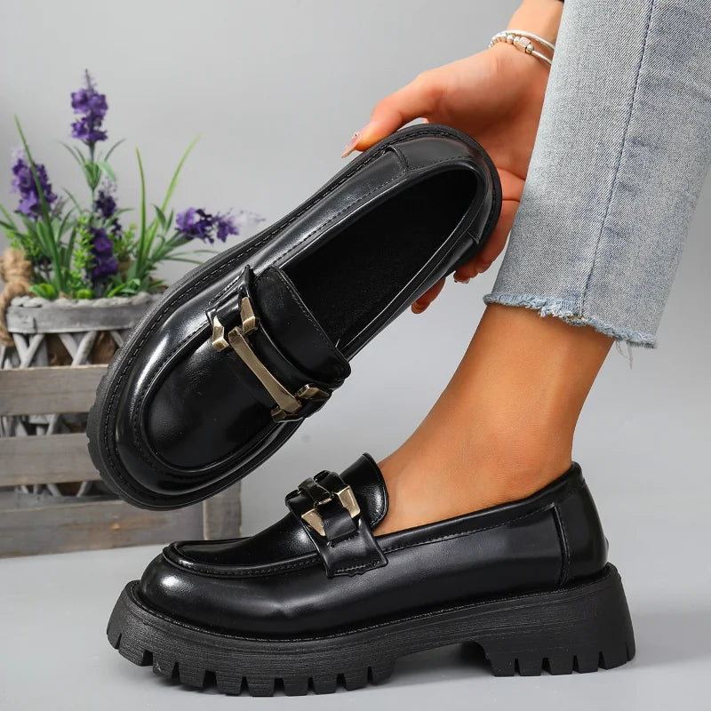 2026 Female Shoes Women Fashion Mary Janes Round Toe Flats Loafers Oxfords Platform Casual Metal Chain Buckle Ladies Heels Black