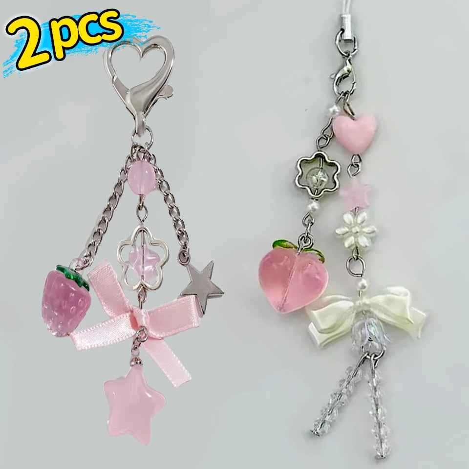 1/2Pcs Y2K Peach Flower Beads Pendant Phone Strap Lanyard Pocket Keychain Strap Backpack Charm Car Key Decoration Chain Keyring