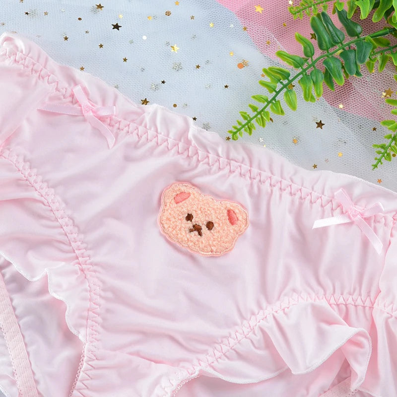 Cute Lovely Sweety Women Japanese Style Princess Lolita Bow Cartoon Bear Embroidery Milk Silk Panties  Underwear