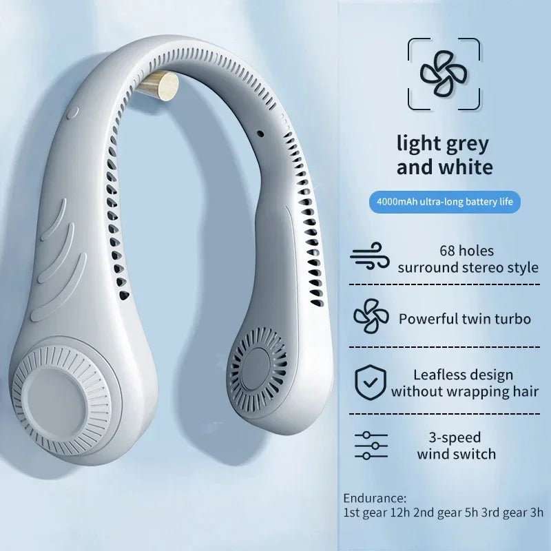2023 Portable Neck Fan 4000mah Rechargeable USB Leafless Air Conditioner Bladeless Fans Hanging Neck Cooler For Summer