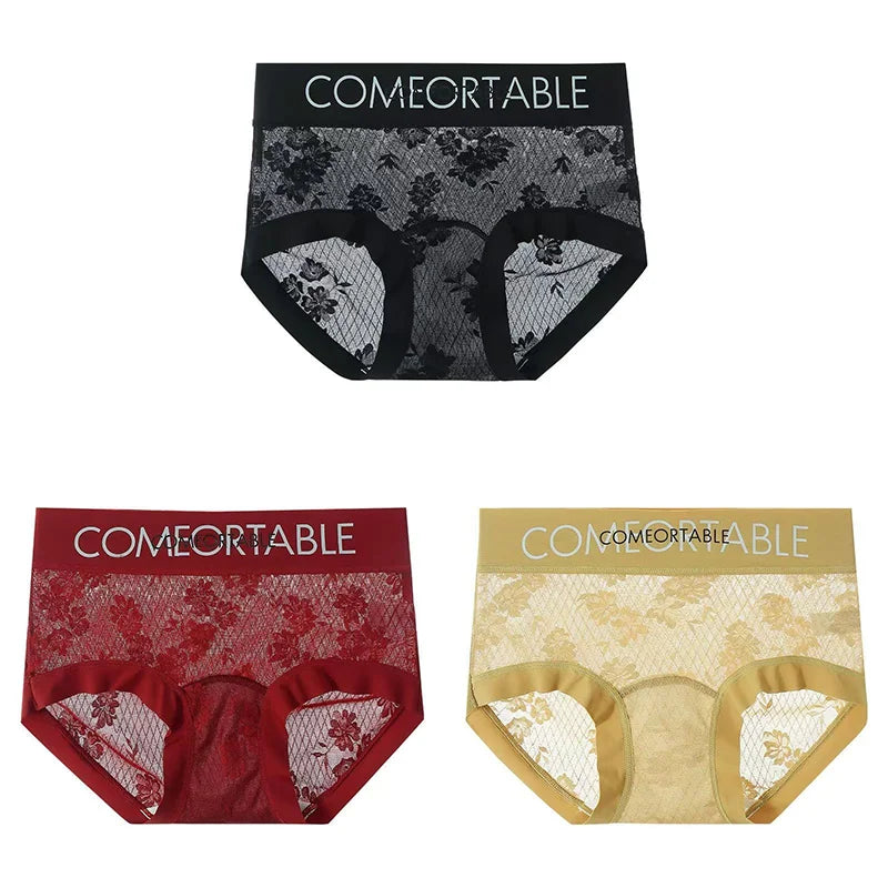 3PCS Women Sexy Lace Panties Mulberry Silk Antibacterial Hollow Out Underwear Plus Size Floral Perspective Briefs