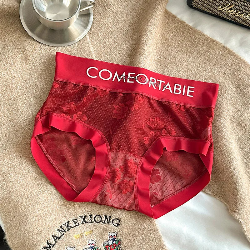 3PCS Women Sexy Lace Panties Mulberry Silk Antibacterial Hollow Out Underwear Plus Size Floral Perspective Briefs