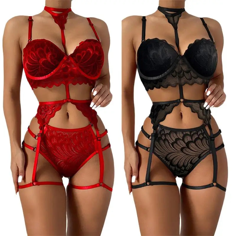 2022 Sexy Three Piece Suit Lace Shapewear Perspective Porn Suit Halterneck Embroidered Push Up Bra Garter Teddy Lingerie Hot Set