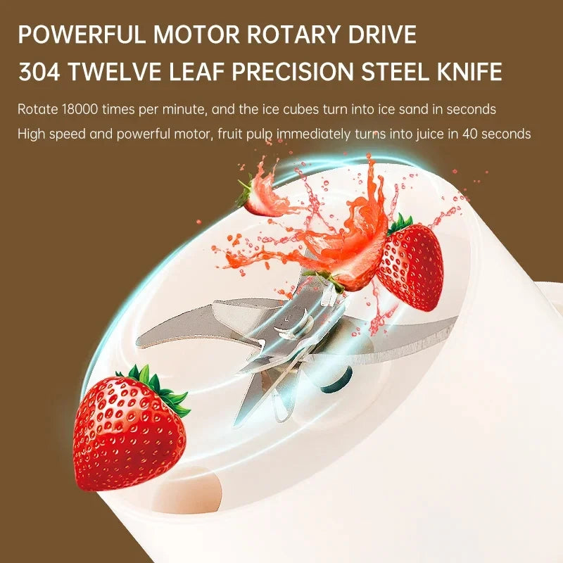 Portable Electric Juicer Cup 350mL for Smoothies Shaved Ice Juices12 Blade Stainless Steel Blender with Wireless Charging