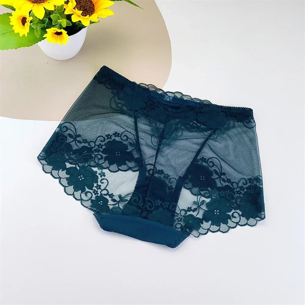 Big Size NEW 2025 Sexy Women Transparent Lace Underwear High Waist Hollow Mesh Ladies Hip Lifting Cotton Crotch Briefs