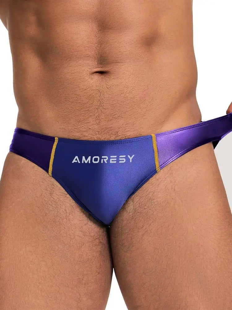 AMORESY Men Spandex Swimming Trunks Matching Color, Low Waist Sexy Sports Long Tight Oily, Comfortable Silk Briefs, Briefs