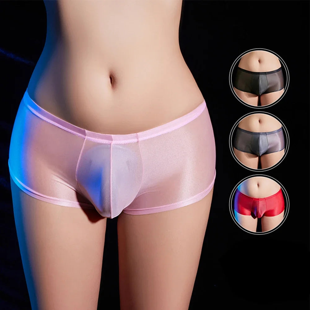 Mens Glossy Oily Bottoms Briefs Seamless Pink Transparent Underwear Panties Underpants Lingerie Knickers Gays Clothes