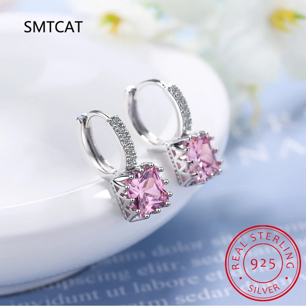 Princess Cut Created Pink Sapphire 925 Sterling Silver Square Hoop Earrings for Women Fashion Statement Gemstone Jewelry Huggies