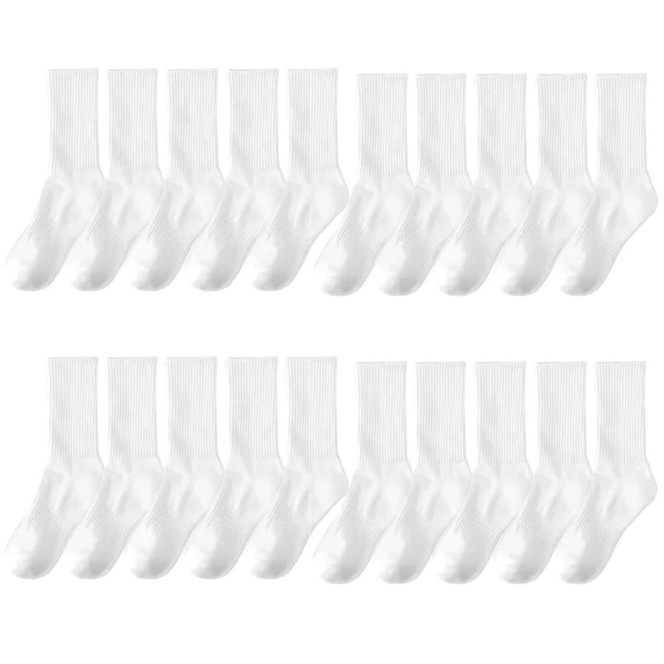 20Pairs Pure Cotton Men's High Socks Classic Black White Breathable Sweat-Absorbent Warm Elastic Sports Socks