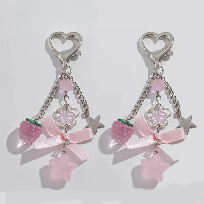 1/2Pcs Y2K Peach Flower Beads Pendant Phone Strap Lanyard Pocket Keychain Strap Backpack Charm Car Key Decoration Chain Keyring