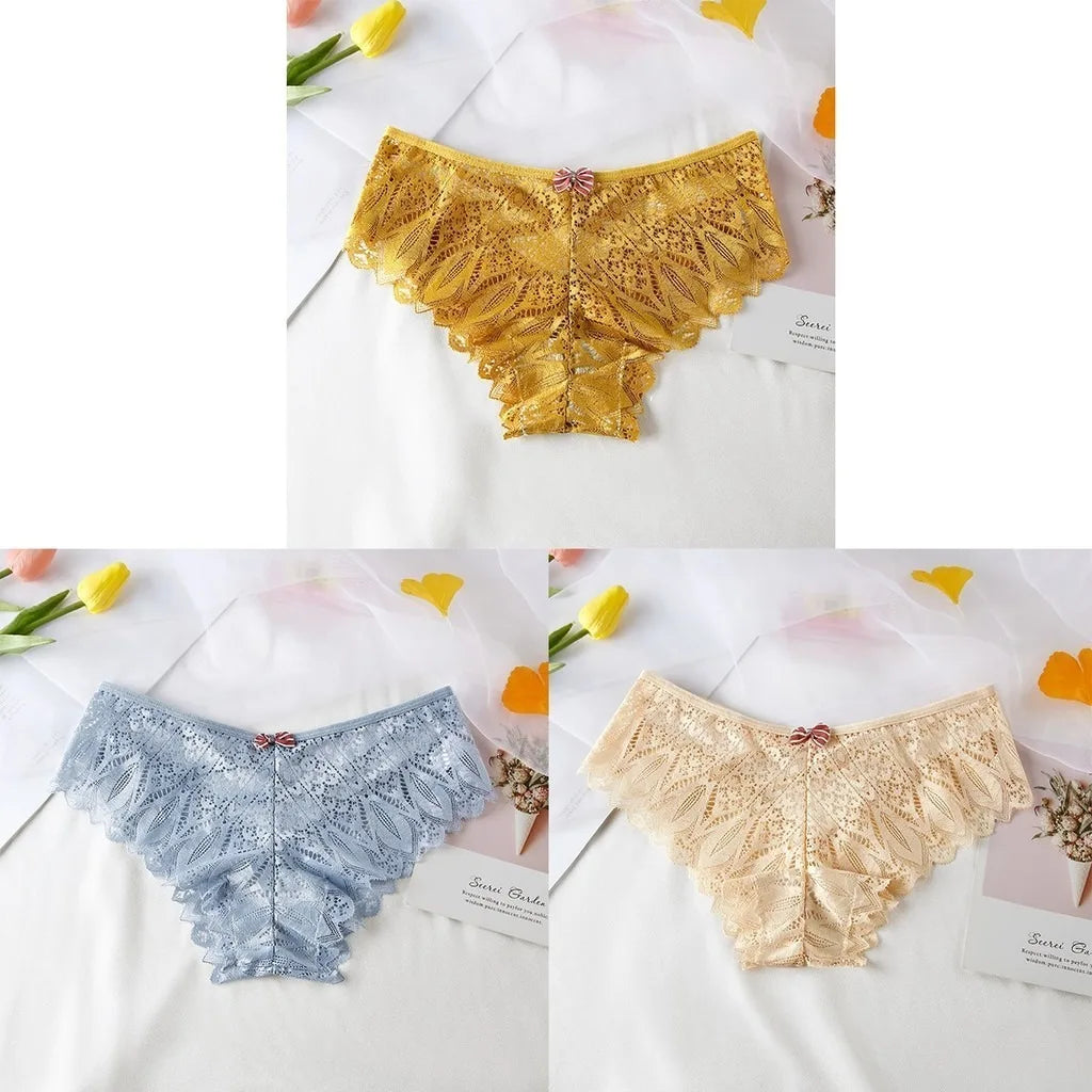 3pcs Women Panties Hollow Out Mid Waist Lace Panties Seamless Tummy Control Cross Sexy Briefs S-XL Underwear