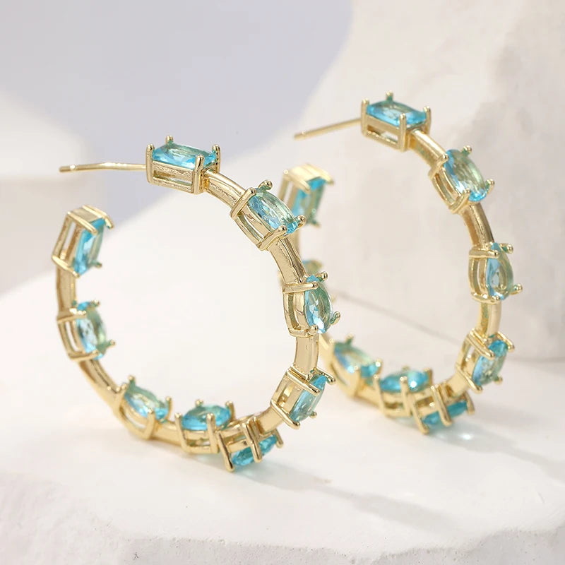 Fashion Blue Synthetic Zirconia Inlaid C-shaped Golden Plated Hoop Earrings for Women's Elegant Exquiaite Banquet Jewelry Crafts