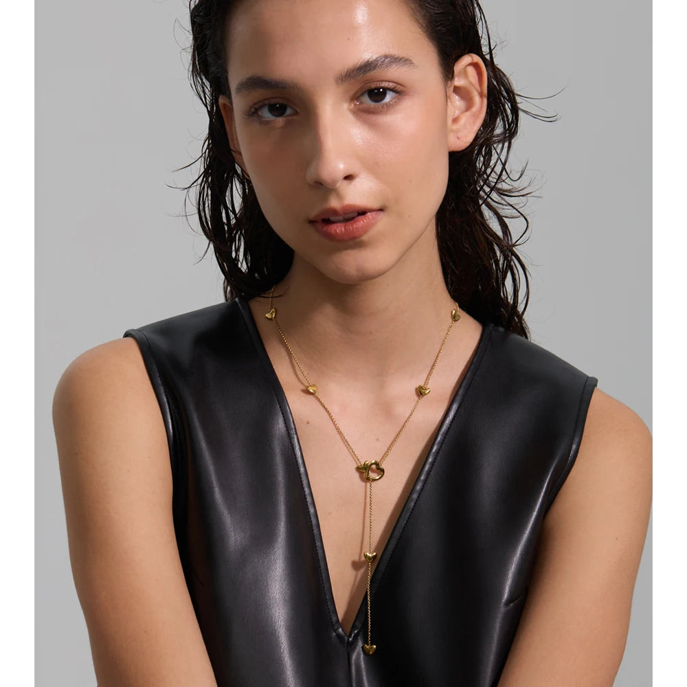 Yhpup 60+6cm Stainless Steel Removable Heart Chain Necklace for Women Charm Fashion Sweater Thin Chain Autumn Winter Jewelry