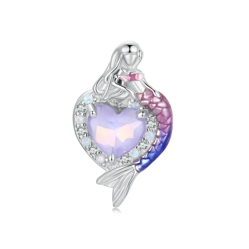 WOSTU 925 Sterling Silver Enamel Mermaid Charm Transparent Purple Fish Tail with Pearl Fit DIY Bracelet Gift for Mother's Day