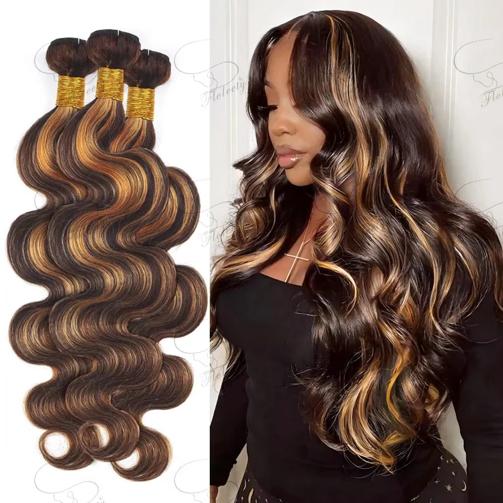 Highlight P4/27 Body Wave Human Hair Bundles 30 32 Inch Honey Brown Hair Weft Raw Hair Extensions Brazilian Hair 1/3/4 Bundles