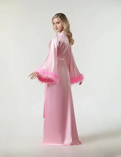 Long Feather Sleeve Bathrobe Sexy Ice Silk Kimono Wedding Bride Dress Women Loose Sleepwear Loungewear Casual Nightgown