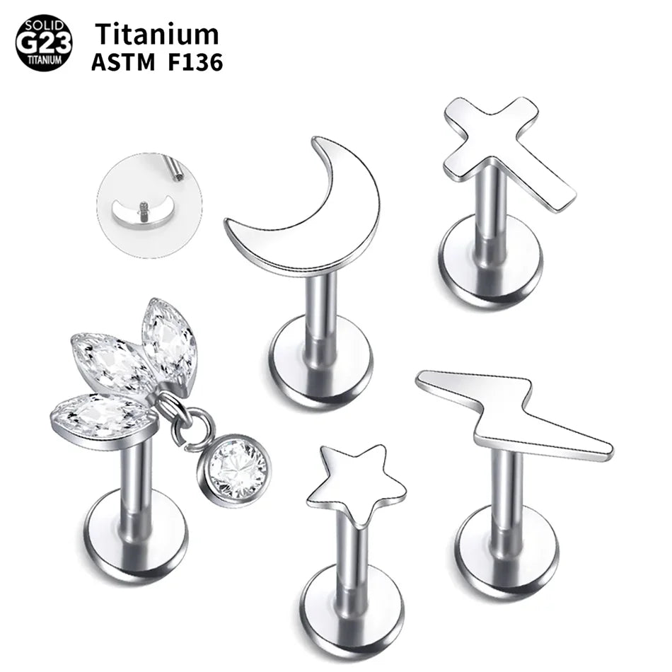 1PC G23 Titanium Star Moon Cross Stud Earring for Women Lip Rings Labret Piercing Ear Tragus Helix Piercings Body Jewelry