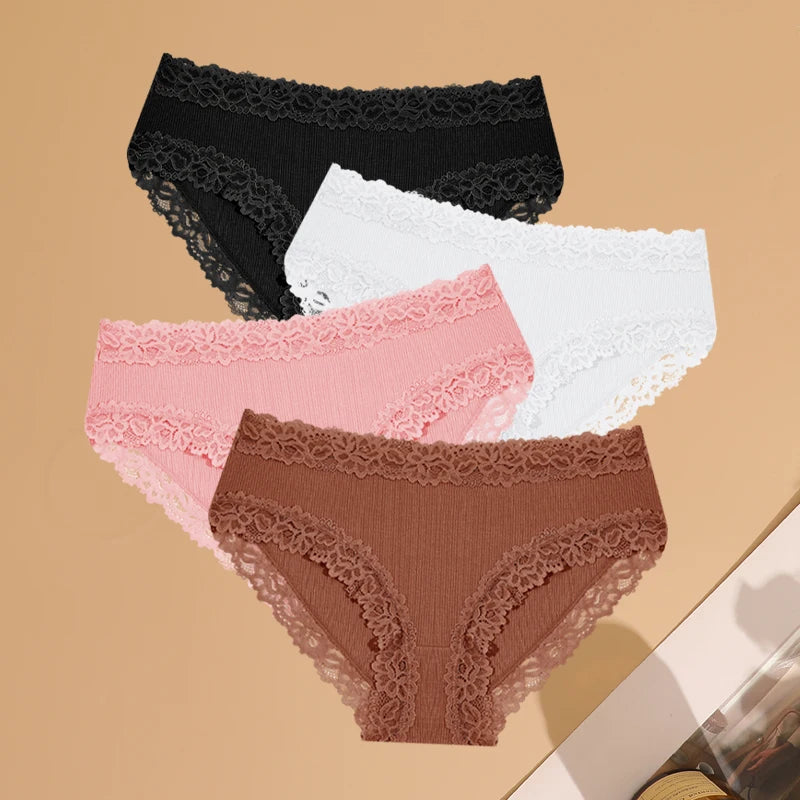 FINETOO 4Pcs Cotton Ribbed Striped Underwear Women's Lace Panties Sexy Floral Comfortable Briefs Low-Waist Breathable Lingerie