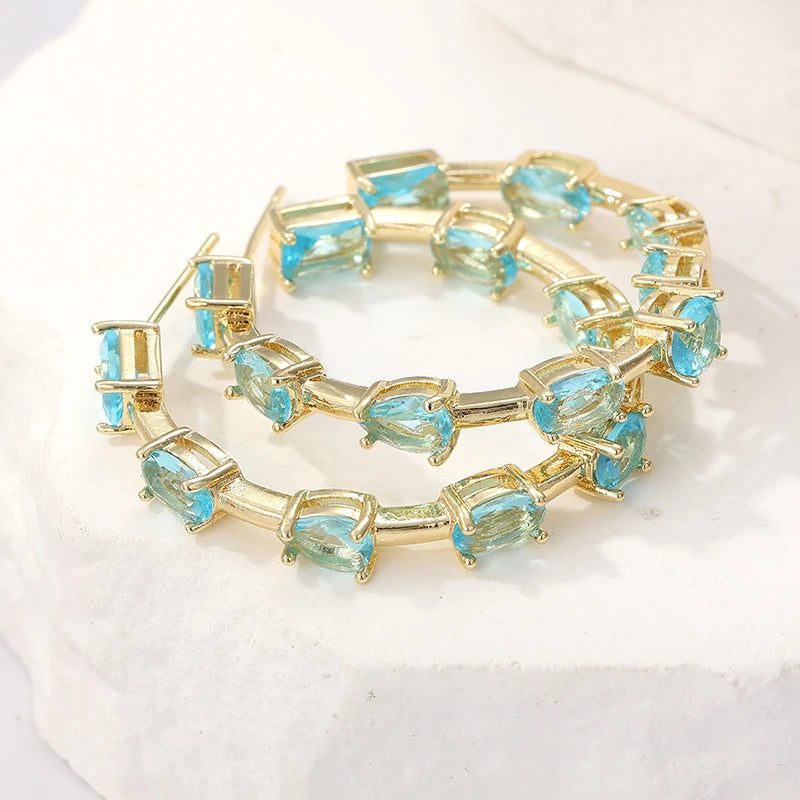 Fashion Blue Synthetic Zirconia Inlaid C-shaped Golden Plated Hoop Earrings for Women's Elegant Exquiaite Banquet Jewelry Crafts