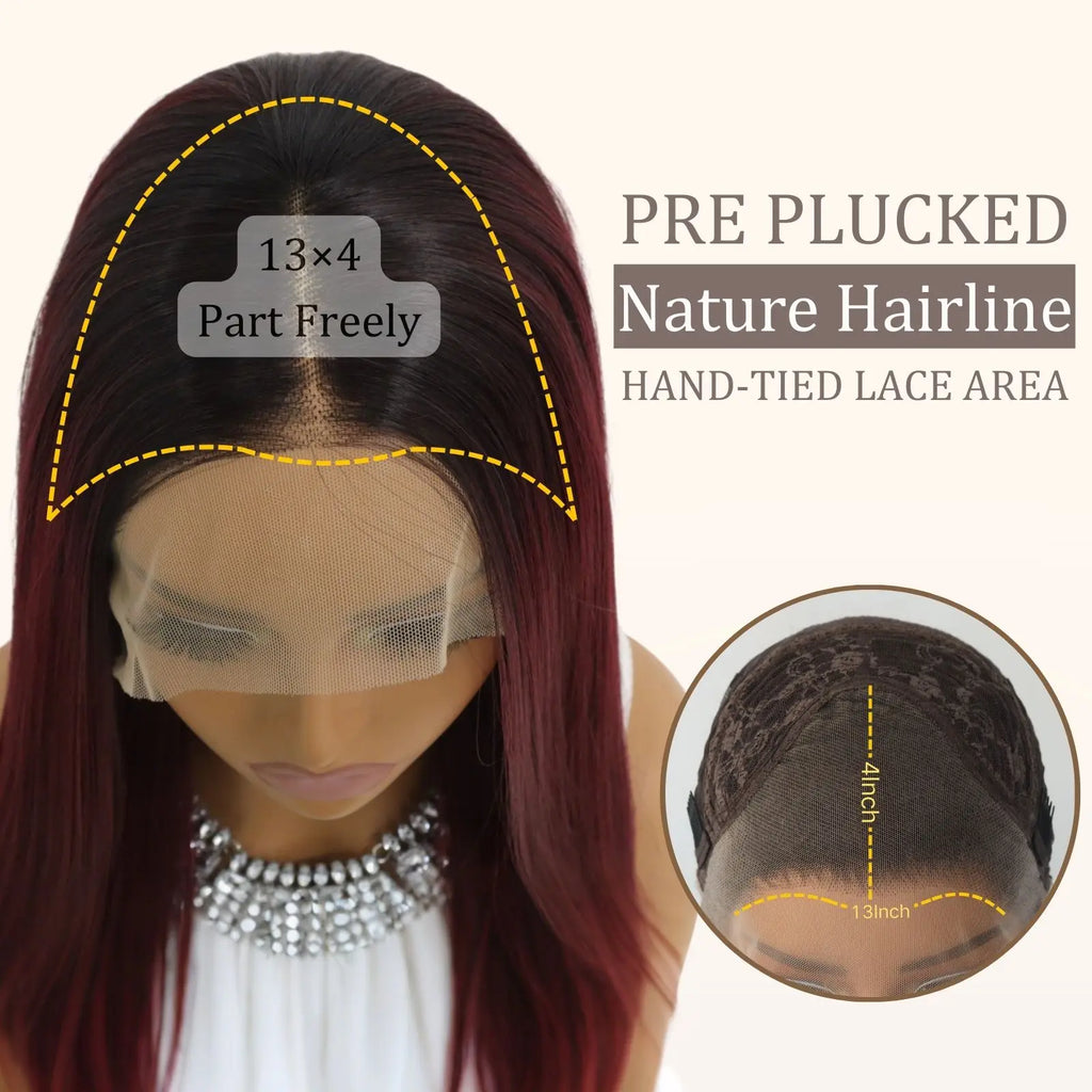 Ombre Burgundy Lace Front Wig Long Straight Ombre Wine Red 13x4 Synthetic Lace Front Wigs for Women 24Inch