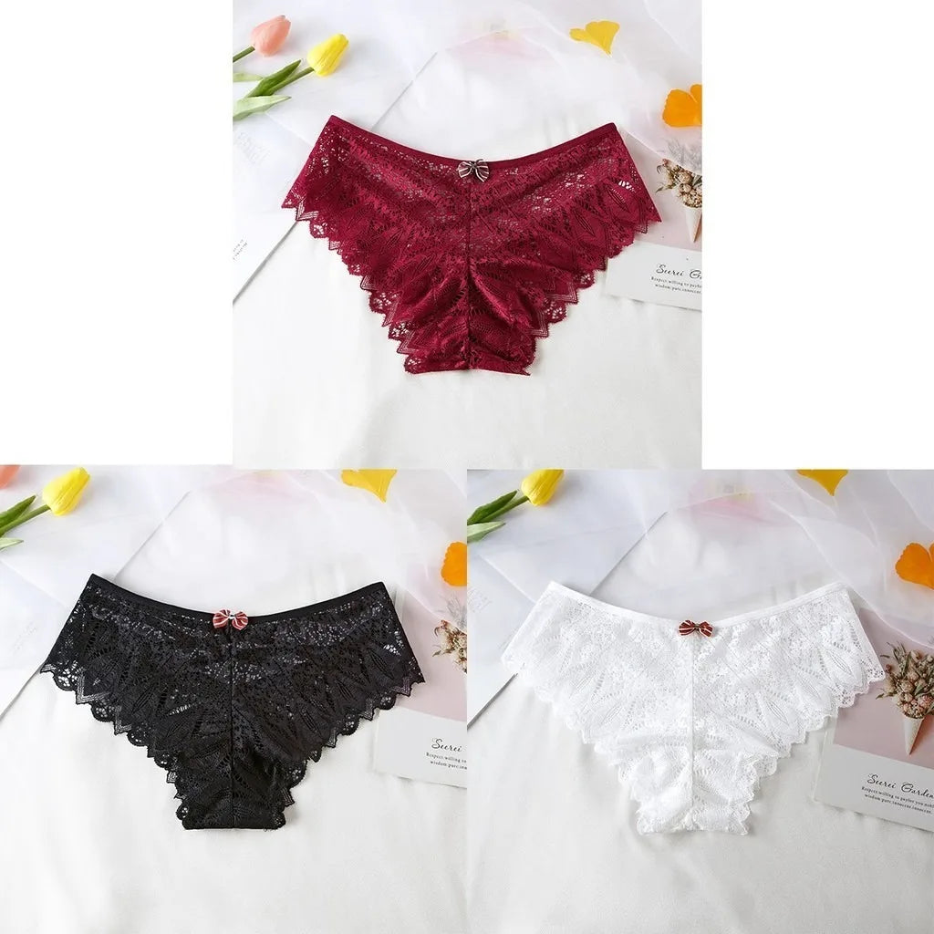 3pcs Women Panties Hollow Out Mid Waist Lace Panties Seamless Tummy Control Cross Sexy Briefs S-XL Underwear