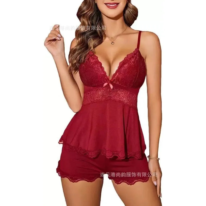 Women's Sexy Leopard Pajamas Set Lace Sleeveless Top And Shorts 2 Piece Sleepwear Casual Loungewear For Women