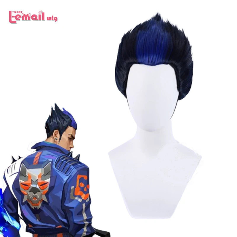 L-email wig Synthetic Hair Game Valorant Yoru Cosplay Wig 28cm  Black Mixed Blue Color Cosplay Wigs Heat Resistant Wig