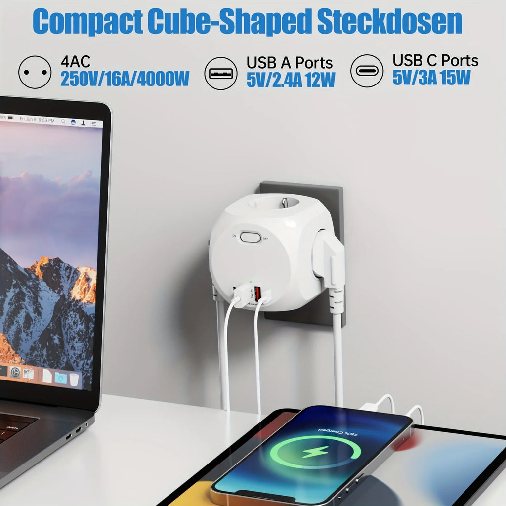 4000W EU Plug Power Strip Cube with 4 Outlets 4 USB Ports European Multiple socket adapter Wall charge ON/OFF Switch for home