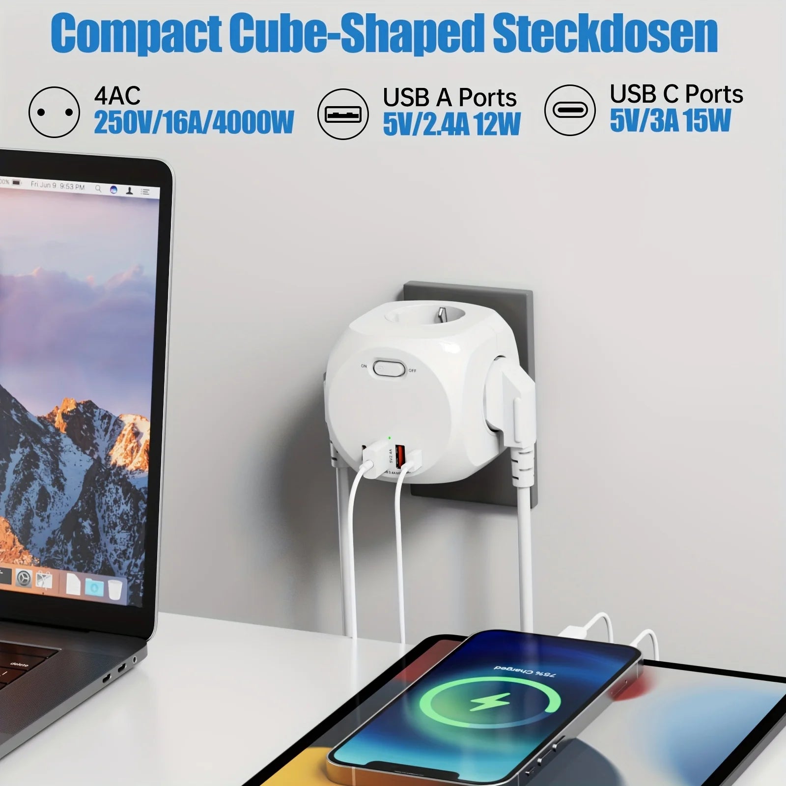 4000W EU Plug Power Strip Cube with 4 Outlets 4 USB Ports European Multiple socket adapter Wall charge ON/OFF Switch for home