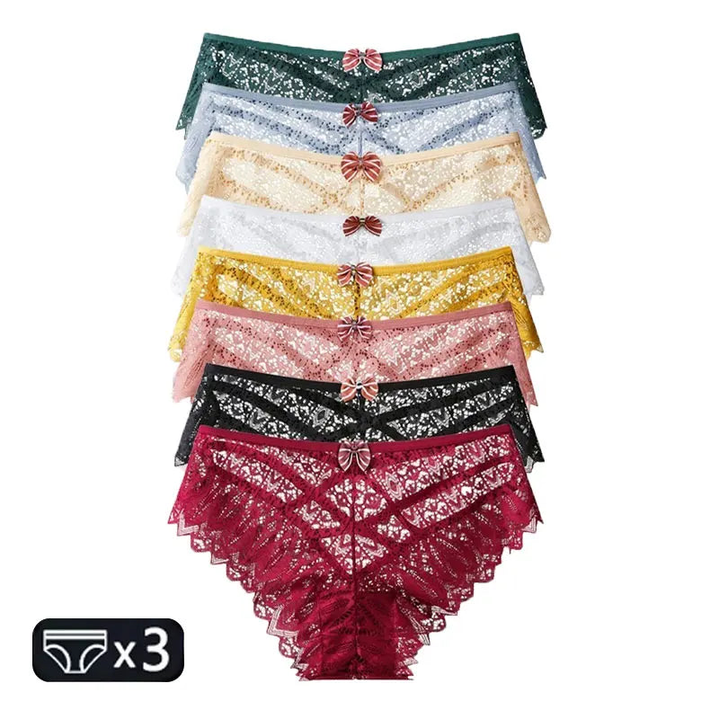 3pcs Women Panties Hollow Out Mid Waist Lace Panties Seamless Tummy Control Cross Sexy Briefs S-XL Underwear