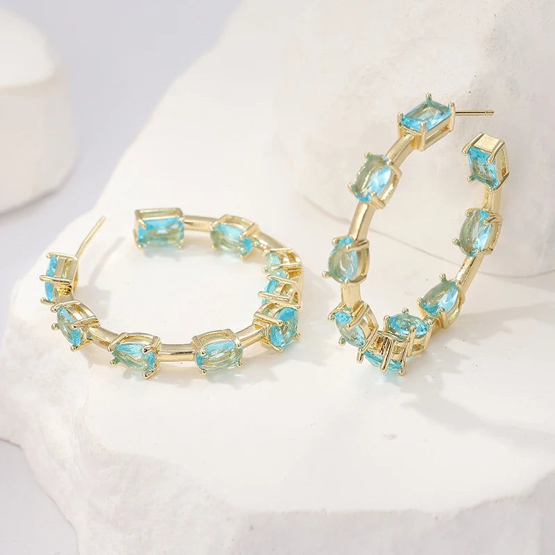Fashion Blue Synthetic Zirconia Inlaid C-shaped Golden Plated Hoop Earrings for Women's Elegant Exquiaite Banquet Jewelry Crafts