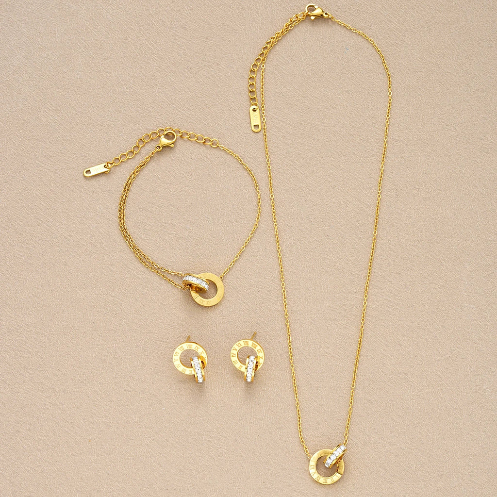 4Pcs/Set Gold Color Stainless Steel Crystal Necklace Bracelet Earrings for Women Interlocking Circles Roman Numbers Jewelry Sets