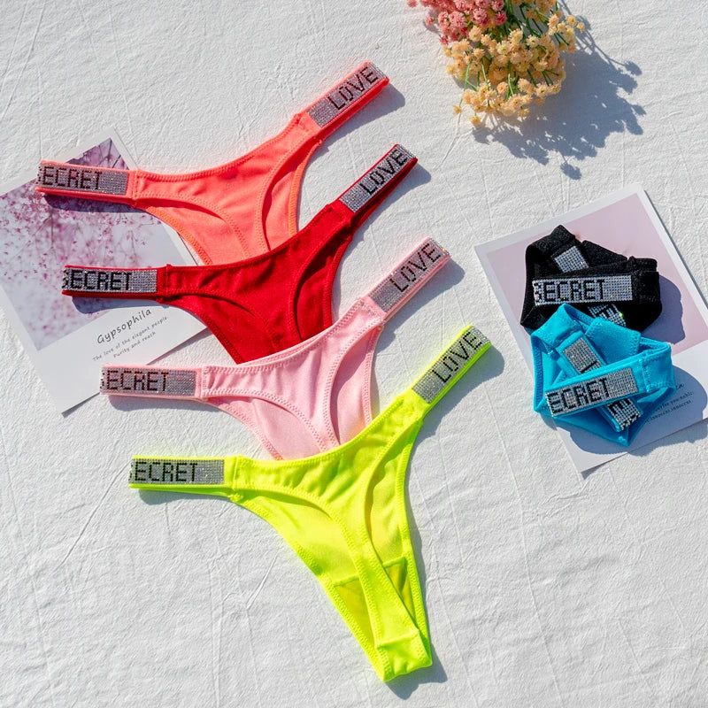 Sexy Panties G-string Sports Women Thong T-back Fitness Secret Rhinestone Sexy Lingerie Letter Diamonds Female Underwear