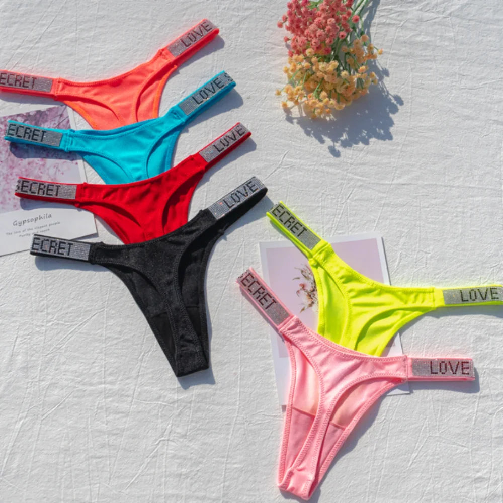 Sexy Panties G-string Sports Women Thong T-back Fitness Secret Rhinestone Sexy Lingerie Letter Diamonds Female Underwear