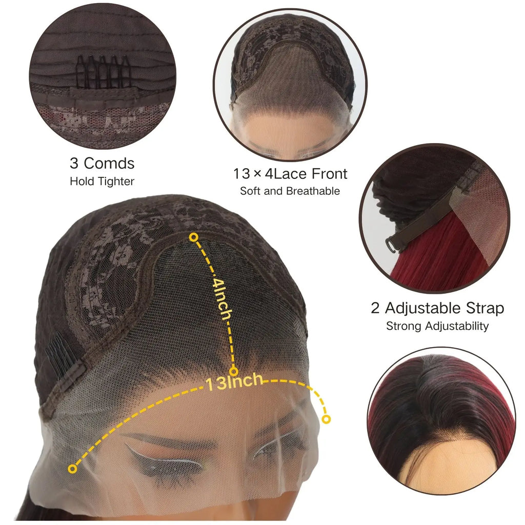 Ombre Burgundy Lace Front Wig Long Straight Ombre Wine Red 13x4 Synthetic Lace Front Wigs for Women 24Inch