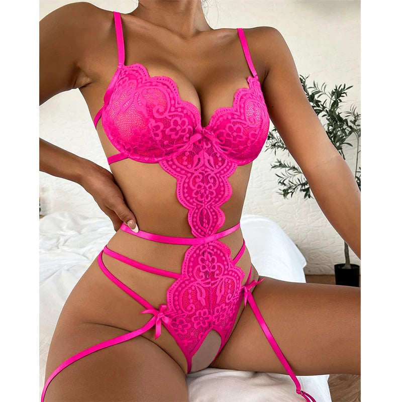 2022 Sexy Three Piece Suit Lace Shapewear Perspective Porn Suit Halterneck Embroidered Push Up Bra Garter Teddy Lingerie Hot Set
