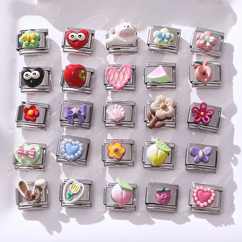 2025 Wholesale 3D Colorful Bows Flowers Love Heart Italian Charm Link fit 9mm Stainless Steel Jewelry DIY Making Bracelets Gifts